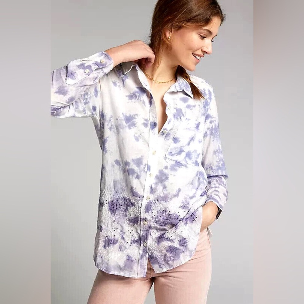 Anthropologie Pilcro The Cate Classic Buttondown Tie Dye Embroidered Shirt XS